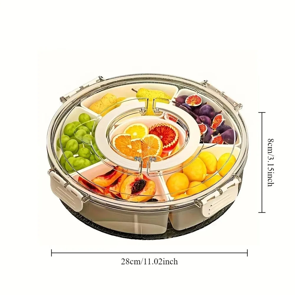 Rotatable Fruit & Snack Tray with Lid – Divided Food Storage Display Tray for Home & Living Room