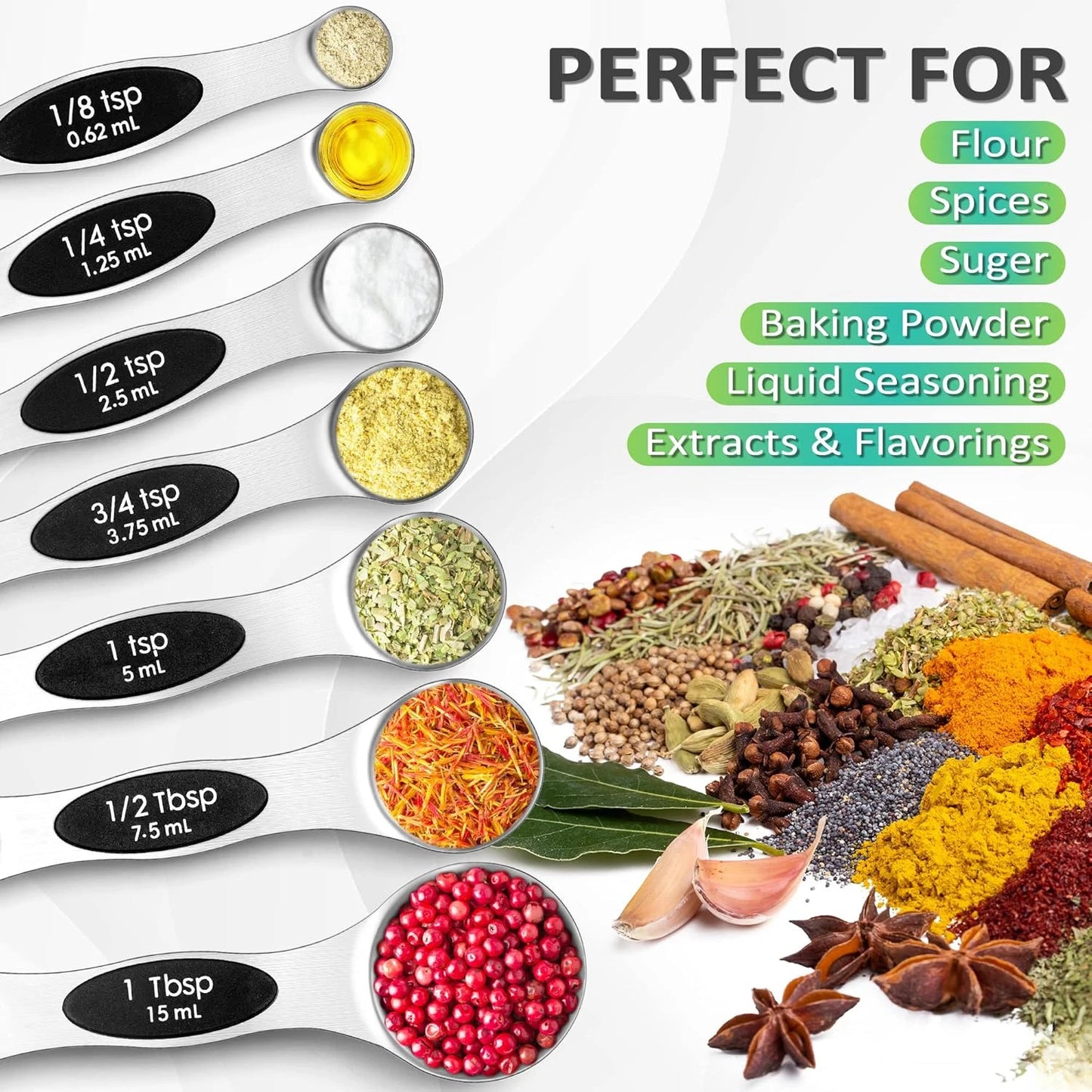 8-Piece Magnetic Stainless Steel Measuring Spoon Set — Dual-Sided, Stackable, Fits in Spice Jars | For Dry & Liquid Ingredients