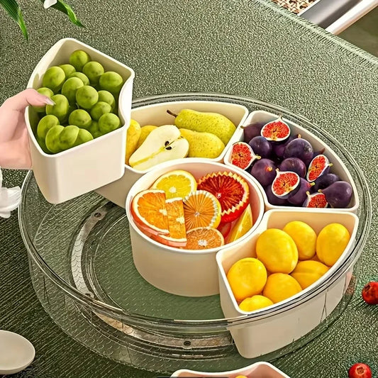 Rotatable Divided Snack & Fruit Tray with Lid – Modern Handheld Food Storage Display Box for Home & Living Room