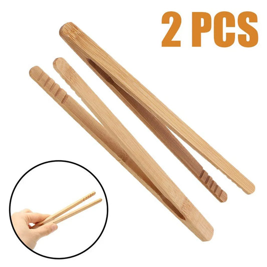 2-Piece 18cm Natural Bamboo Kitchen Tongs – Heat-Resistant Toast, Salad & Teaware Clips
