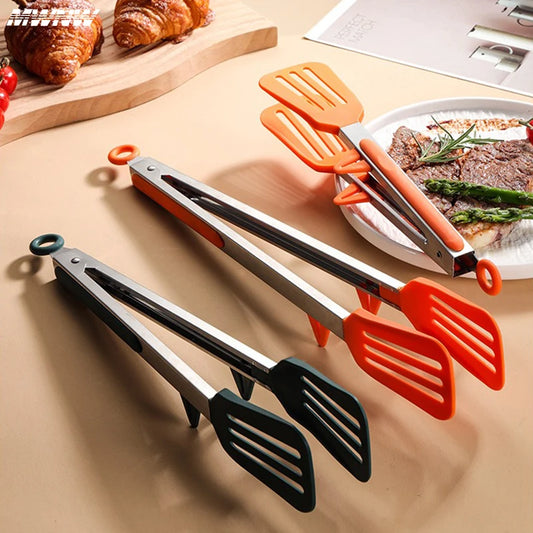 9-Inch Stainless Steel & Silicone Food Clip With Support Bracket – High-Temp, Anti-Scald Kitchen & BBQ Tongs