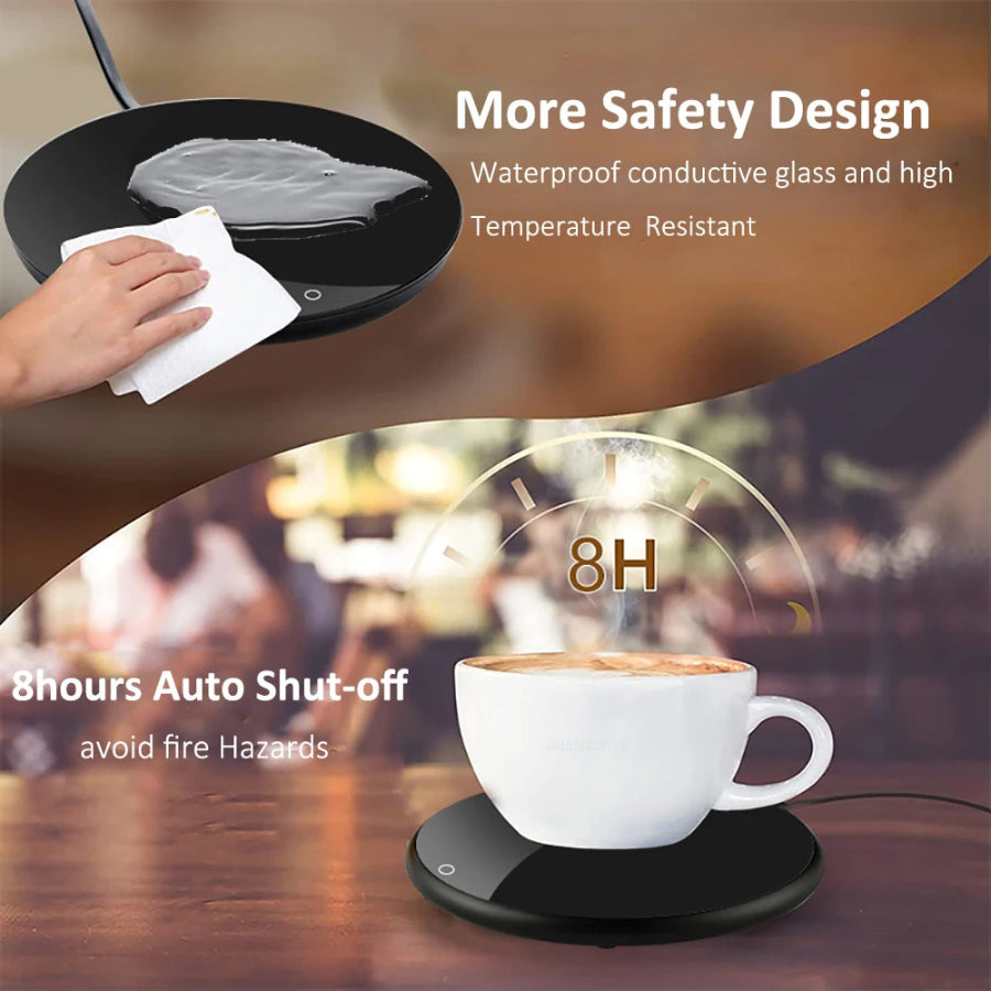 Electric coffee warmer with safety features on a blurred background