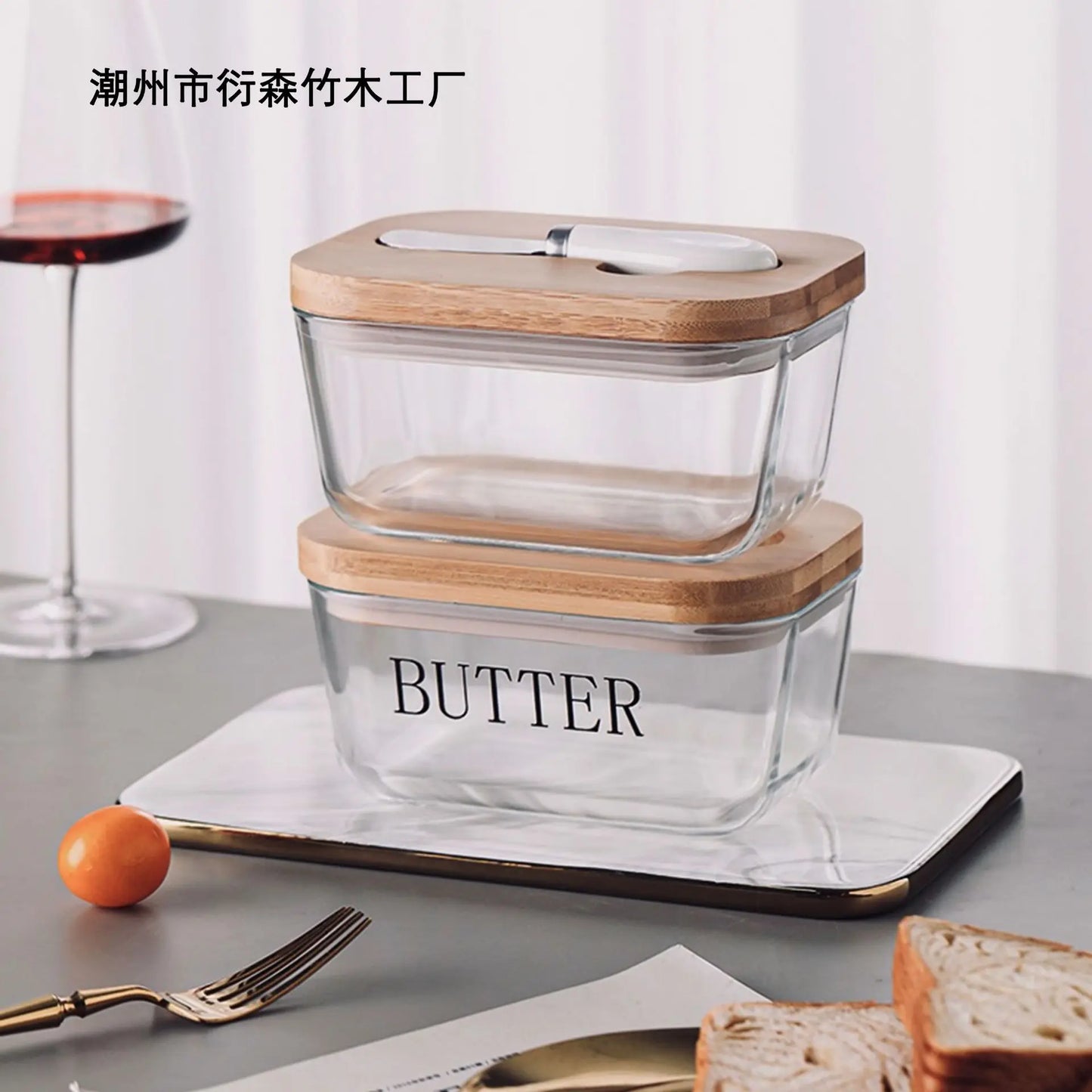 Transparent Glass Butter Dish with Bamboo Lid And Knife Ceramic Sealed Jar Cheese Preservation Refrigerator Simple Design