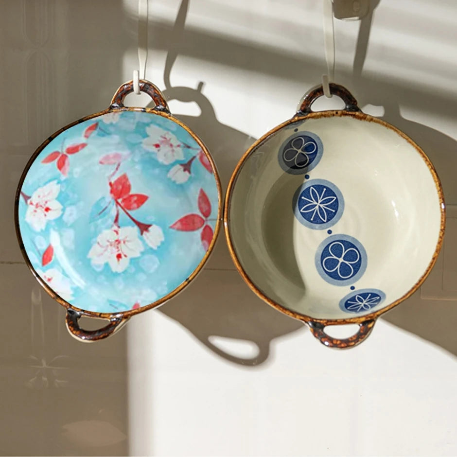 Hand-Painted Japanese Style Ceramic Noodle Bowl with Handle – Oven & Microwave Safe Bone China Tableware