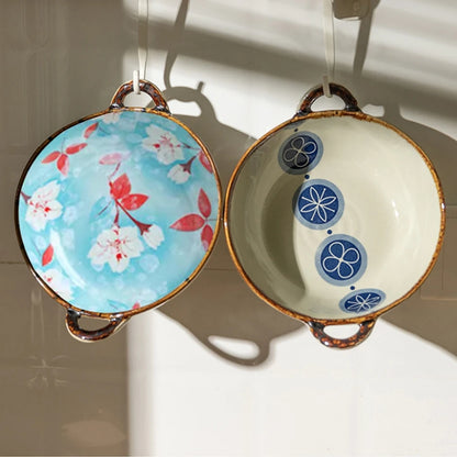 Hand-Painted Japanese Style Ceramic Noodle Bowl with Handle – Oven & Microwave Safe Bone China Tableware