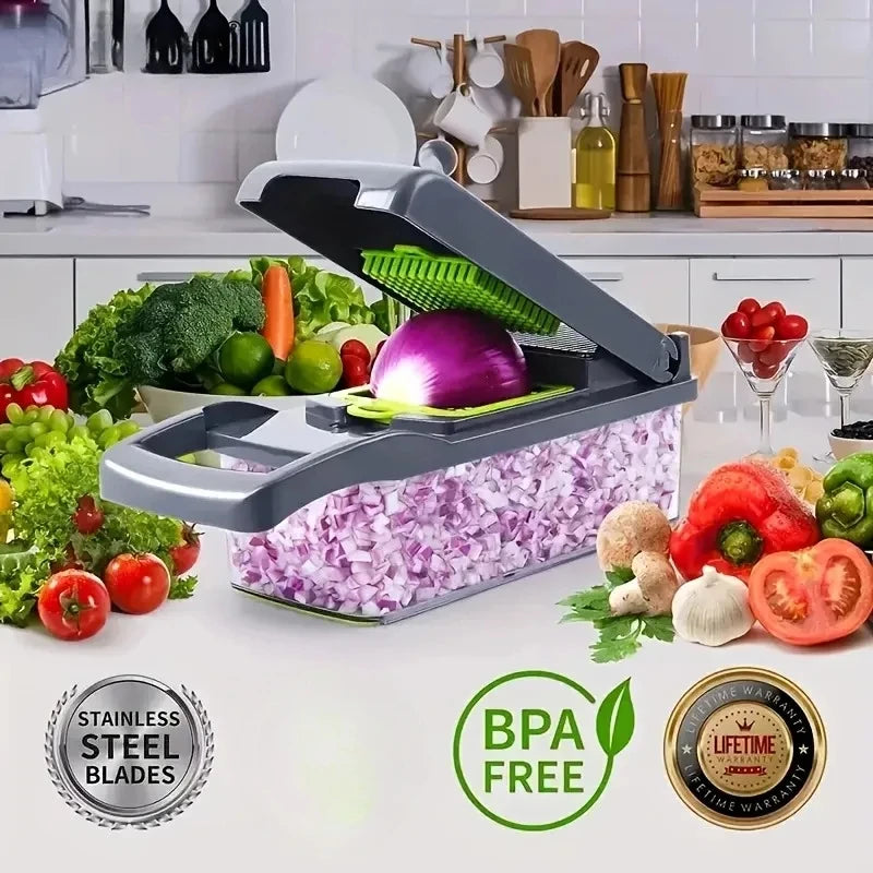 14/16-in-1 Multifunction Vegetable Cutter, Chopper &amp; Dicer – Complete Food Prep System with Storage Container