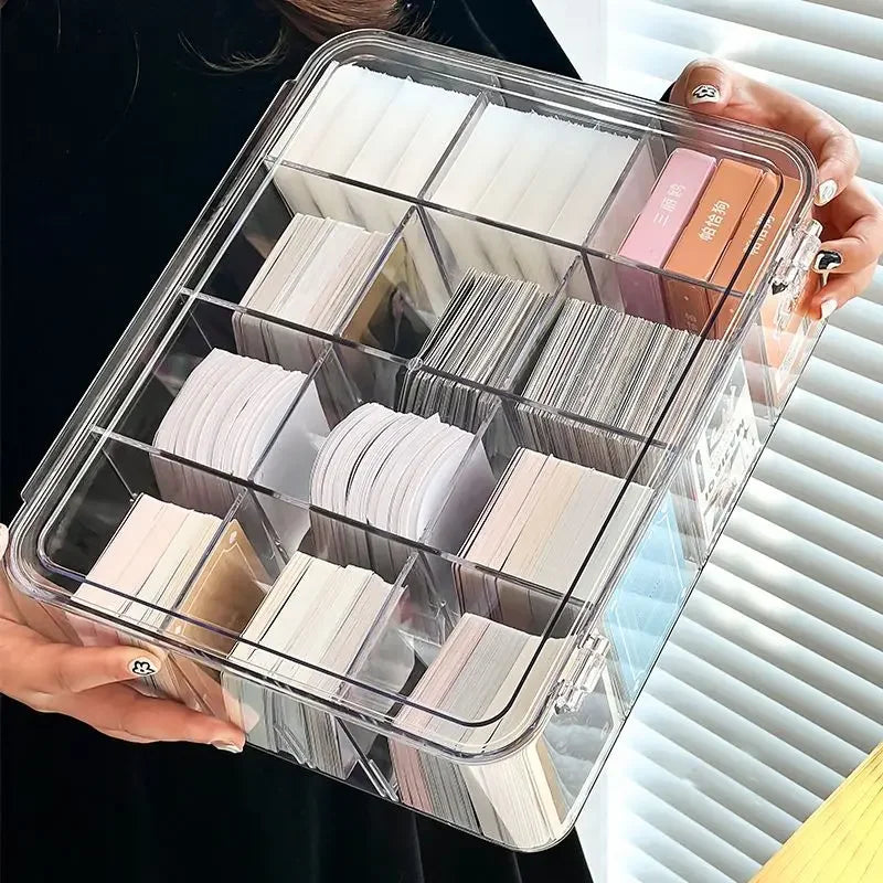 Acrylic Compartment Flip Box – Transparent Photocard Organizer & Display Case for K-Pop Cards, Stationery & Small Items