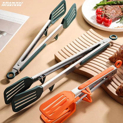 9-Inch Stainless Steel & Silicone Food Clip With Support Bracket – High-Temp, Anti-Scald Kitchen & BBQ Tongs