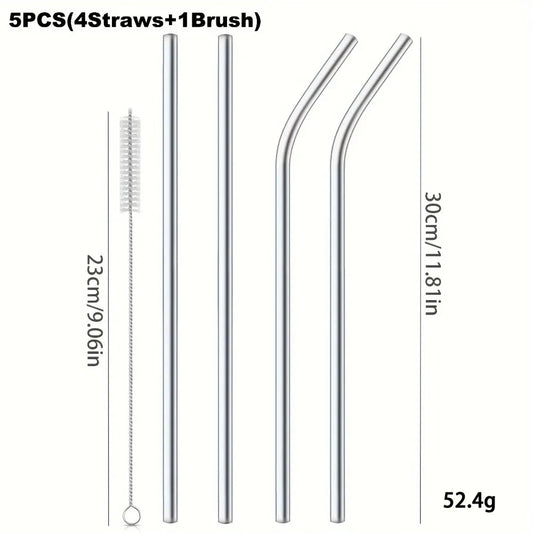 30cm Reusable Stainless Steel Drinking Straw – Extra Long Silver Straw for Smoothies, Cocktails & Tall Glasses