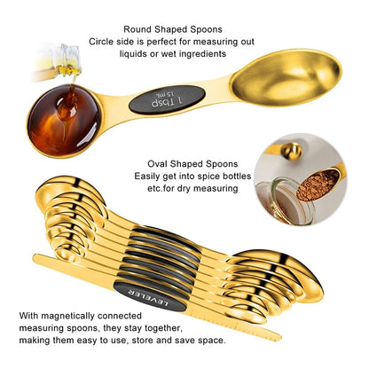 Magnetic Stainless Steel Gold Measuring Spoons Set – Dual-Sided, Stackable, 8-Piece Precision Spoon Set for Cooking & Baking