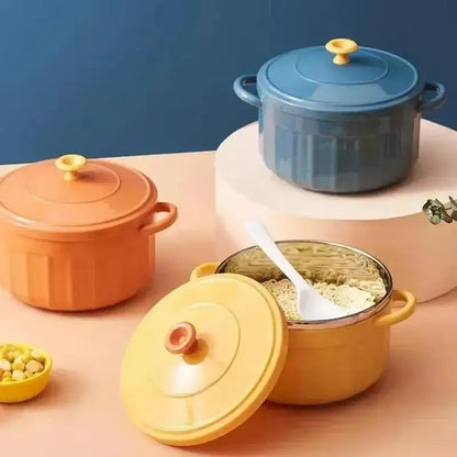 Double-Ear Stainless Steel Insulated Lunch Bowl – Portable Covered Noodle Pot for Students & Office Workers