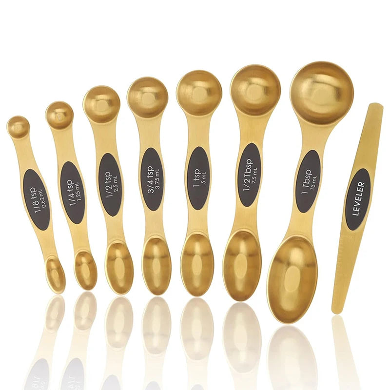 Magnetic Stainless Steel Gold Measuring Spoons Set – Dual-Sided, Stackable, 8-Piece Precision Spoon Set for Cooking & Baking
