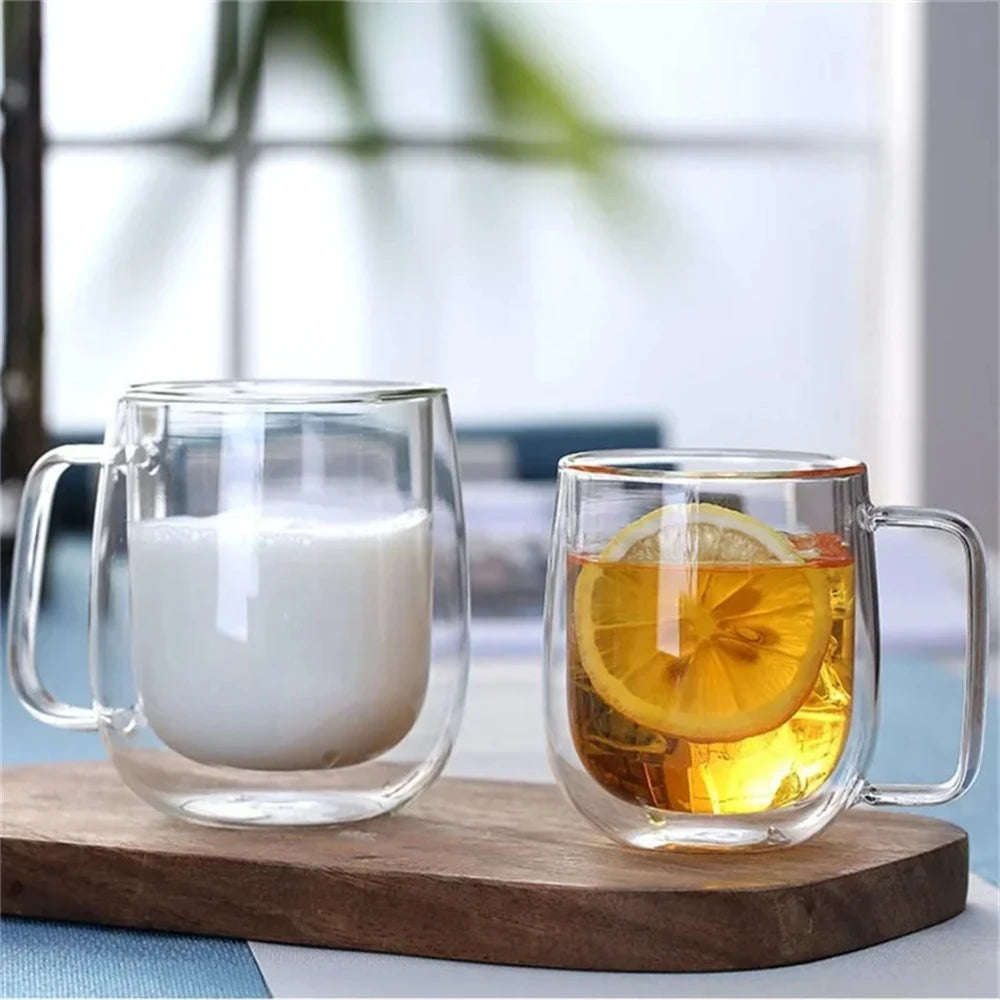 Double Wall Glass Coffee Cup With Handle – 150–350ml Heat-Resistant Borosilicate Mug for Hot & Cold Drinks