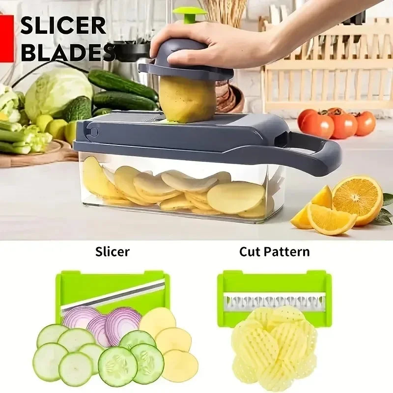 14/16-in-1 Multifunction Vegetable Cutter, Chopper &amp; Dicer – Complete Food Prep System with Storage Container