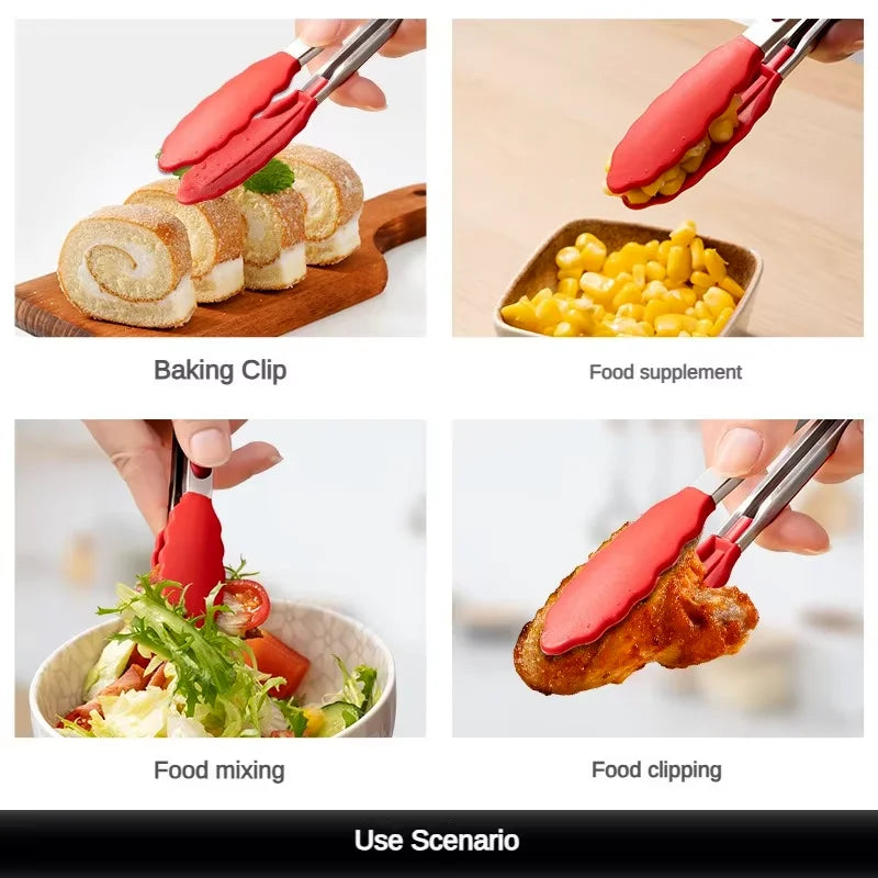 Anti-Slip Stainless Steel Cooking & Serving Tongs – Heat-Resistant Silicone Food Clip for Kitchen & BBQ