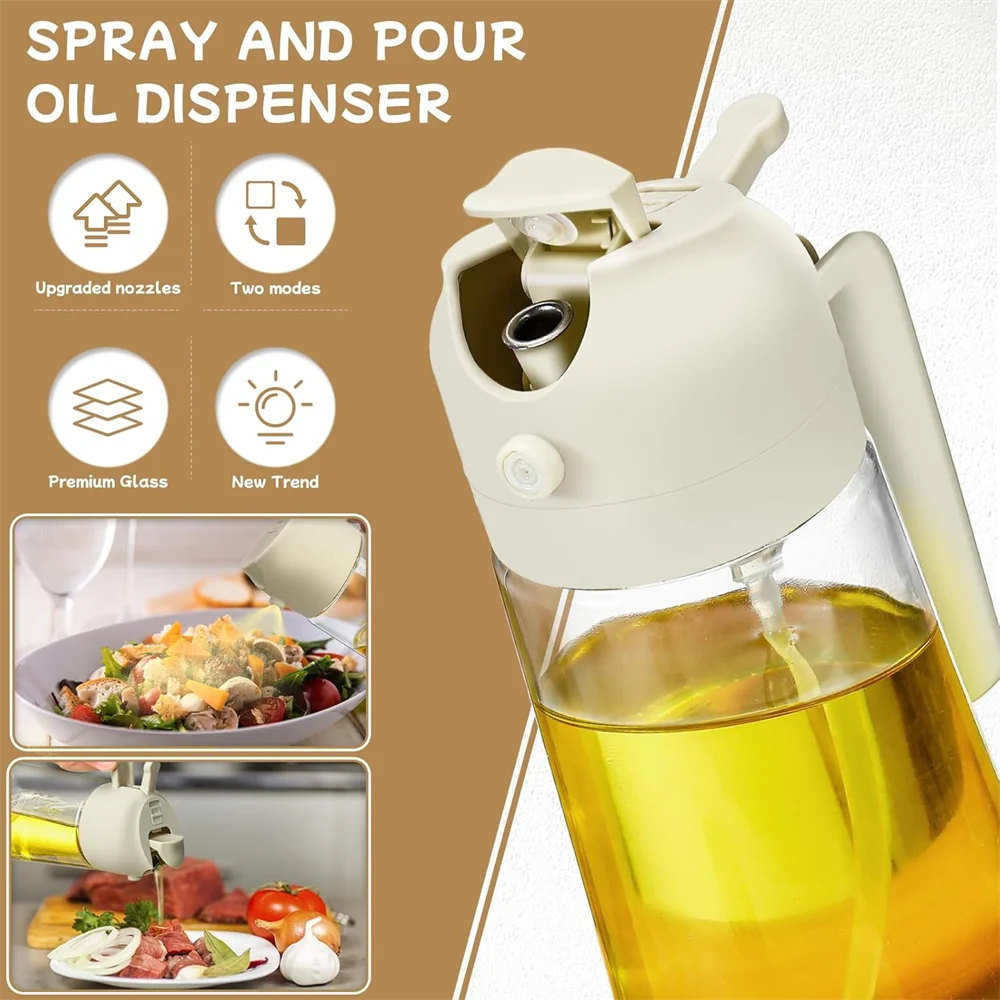 16oz/470ML Glass Oil Dispenser with Automatic Flip Lid — 2-in-1 Kitchen Bottle & Cooking Sprayer