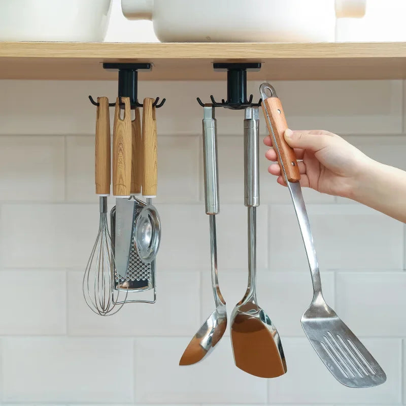 2PCS Kitchen Hook Organizer – Wall-Mounted Hanger & Dish Lid Rack for Cups, Utensils & Bathroom Storage (6 Hooks, PP/ABS)