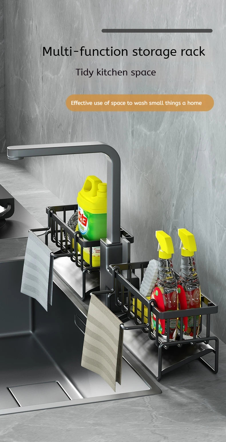 Stainless Steel Sink Drain Rack – Sponge Holder, Soap Tray & Faucet Organizer Shelf for Kitchen Storage