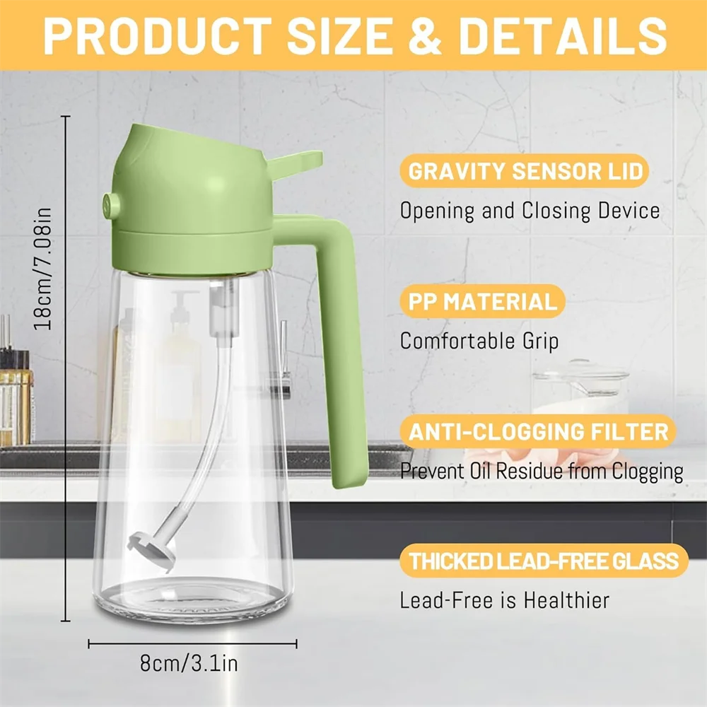 16oz/470ML Glass Oil Dispenser with Automatic Flip Lid — 2-in-1 Kitchen Bottle & Cooking Sprayer