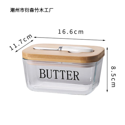Transparent Glass Butter Dish with Bamboo Lid & Knife – Ceramic Sealed Jar for Cheese & Butter Preservation
