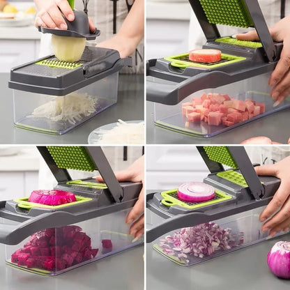 14/16-in-1 Multifunction Vegetable Cutter, Chopper &amp; Dicer – Complete Food Prep System with Storage Container