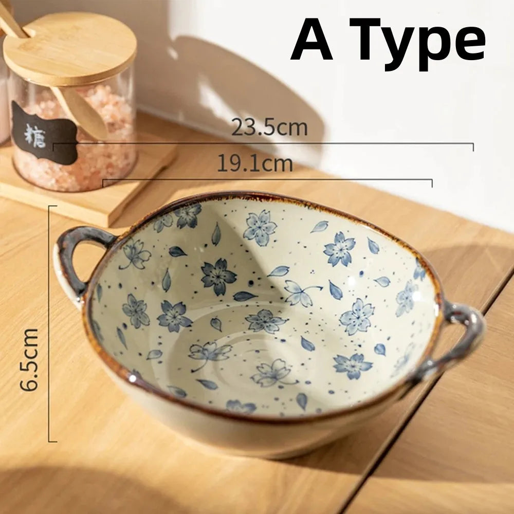 Hand-Painted Japanese Style Ceramic Noodle Bowl with Handle – Oven & Microwave Safe Bone China Tableware