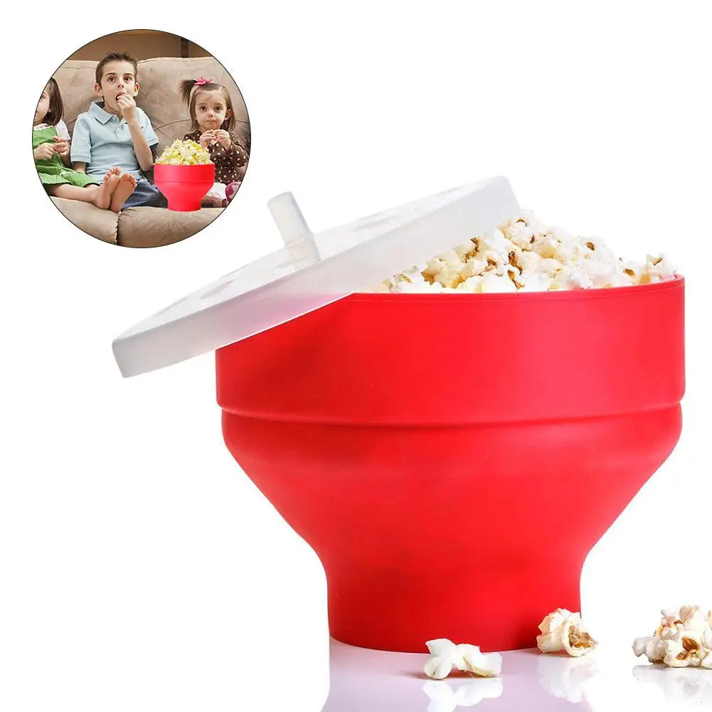 Foldable Silicone Microwave Popcorn Maker Bowl with Lid – Oil-Free DIY Popcorn Popper