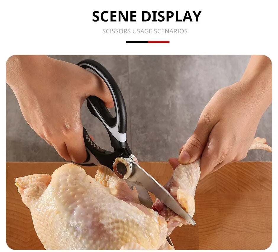Stainless Steel Multifunctional Kitchen Scissors – Heavy-Duty Chicken Bone Shears with Bottle Opener, Nutcracker & Protective Cover