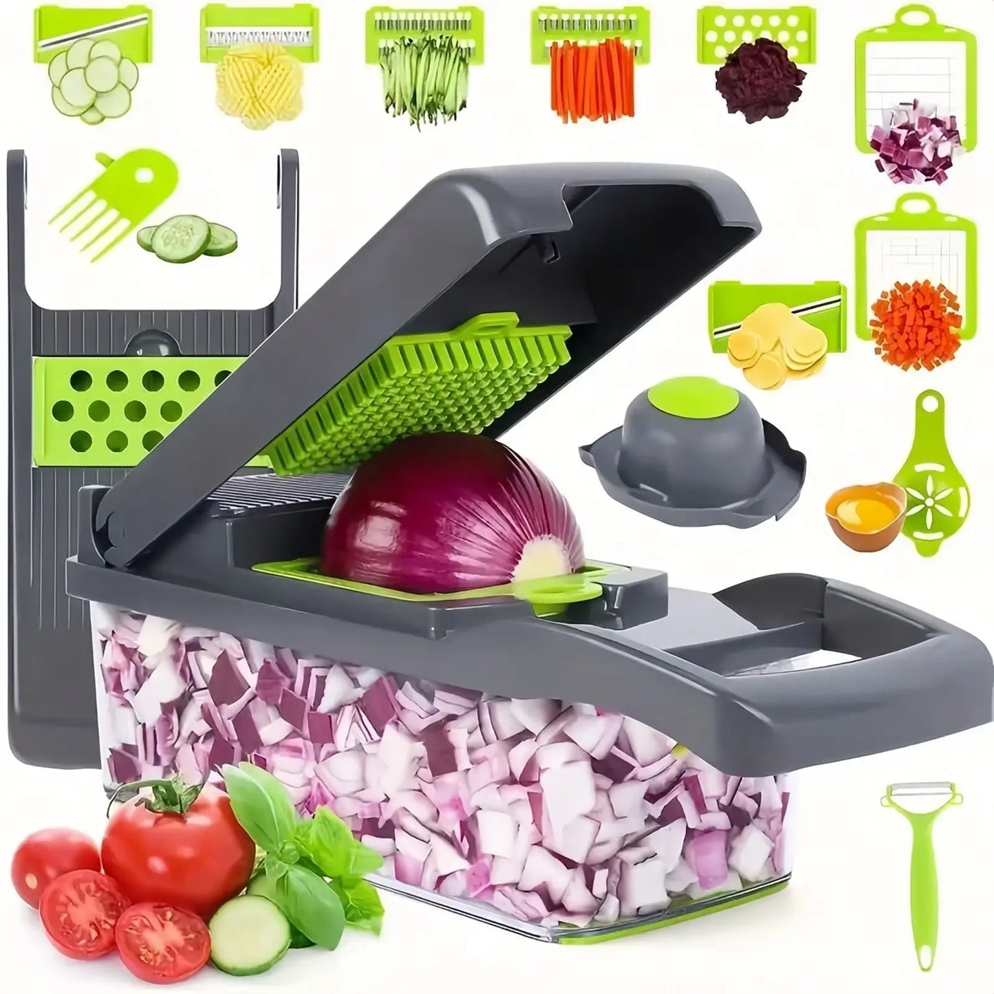 14/16-in-1 Multifunction Vegetable Cutter, Chopper &amp; Dicer – Complete Food Prep System with Storage Container