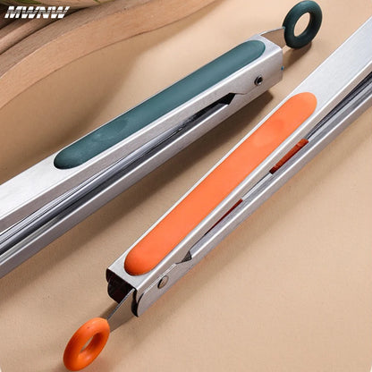 9-Inch Stainless Steel & Silicone Food Clip With Support Bracket – High-Temp, Anti-Scald Kitchen & BBQ Tongs