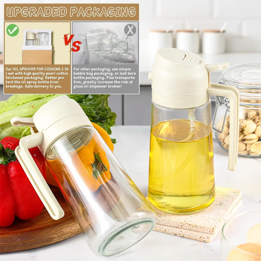 16oz/470ML Glass Oil Dispenser with Automatic Flip Lid — 2-in-1 Kitchen Bottle & Cooking Sprayer