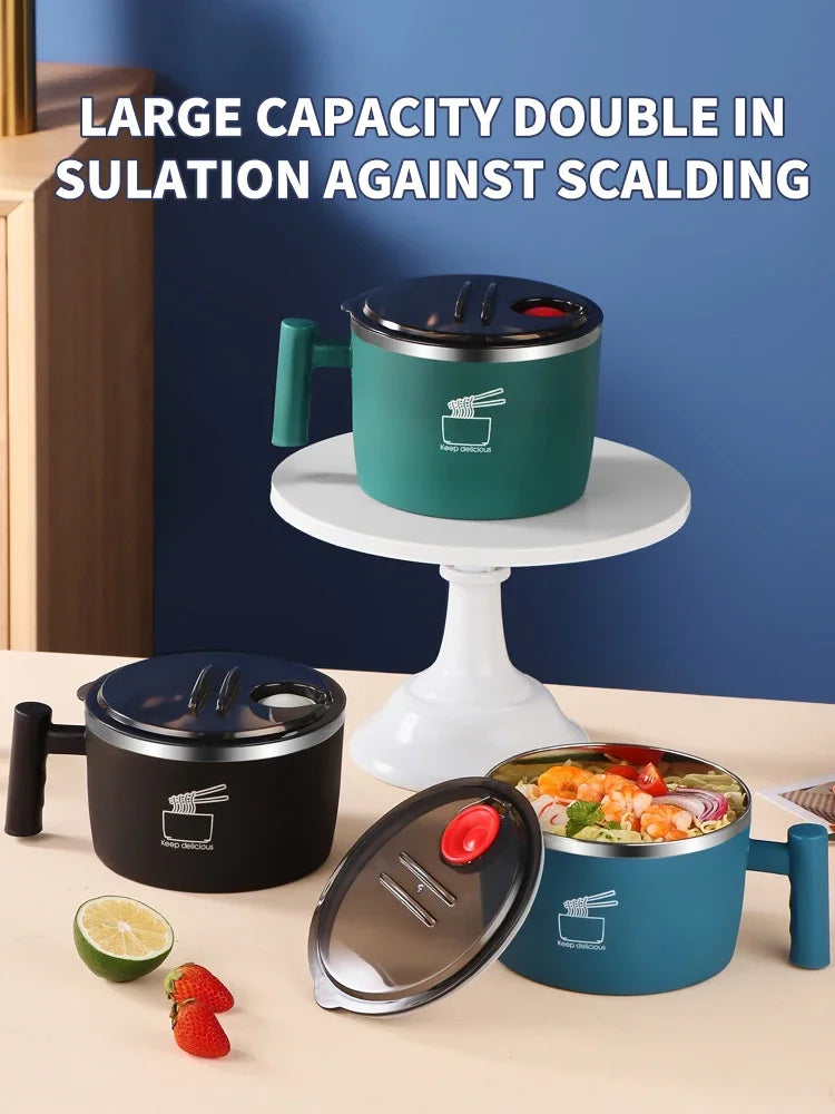 Stainless Steel Instant Noodle Bowl with Lid – Portable, Sealed & Drainable Food Container