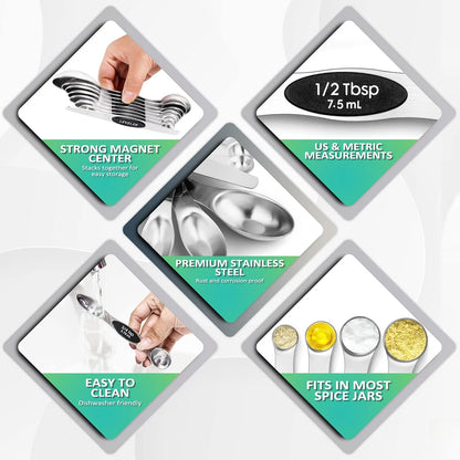 8-Piece Magnetic Stainless Steel Measuring Spoon Set — Dual-Sided, Stackable, Fits in Spice Jars | For Dry & Liquid Ingredients
