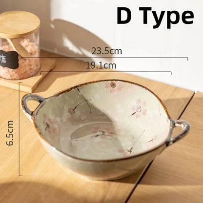 Hand-Painted Japanese Style Ceramic Noodle Bowl with Handle – Oven & Microwave Safe Bone China Tableware