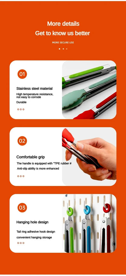 Anti-Slip Stainless Steel Cooking & Serving Tongs – Heat-Resistant Silicone Food Clip for Kitchen & BBQ