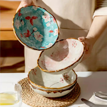 Hand-Painted Japanese Style Ceramic Noodle Bowl with Handle – Oven & Microwave Safe Bone China Tableware