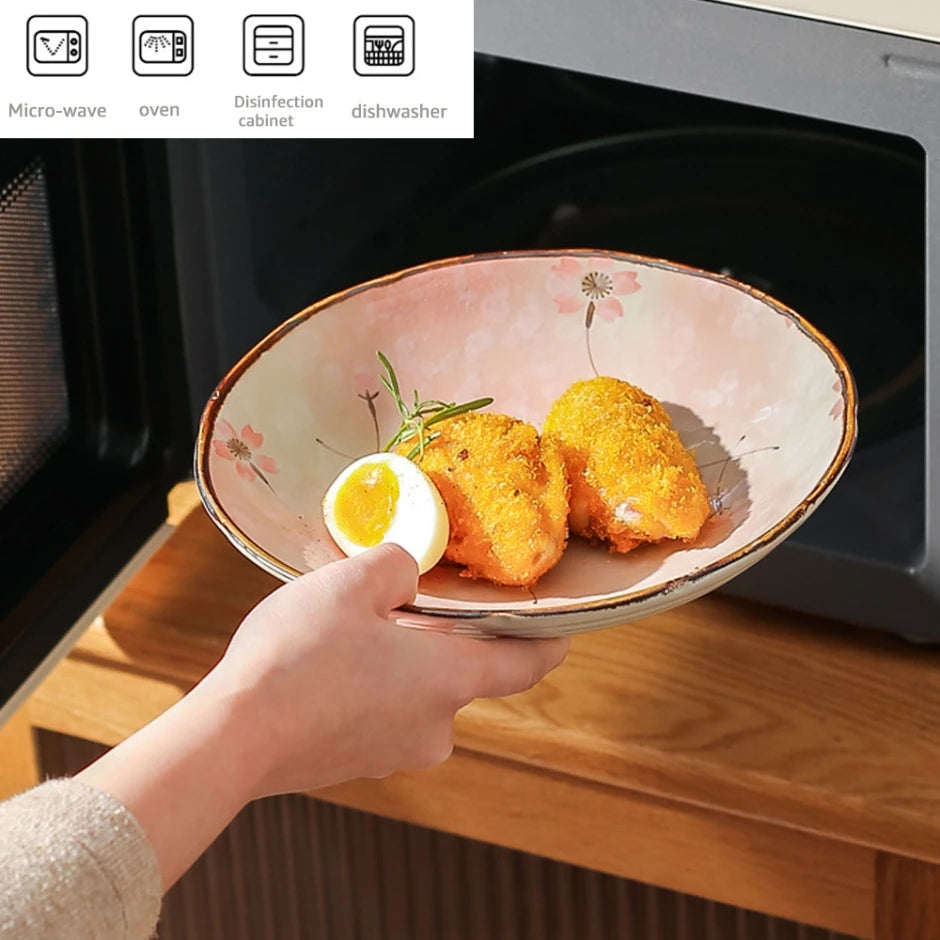 Hand-Painted Japanese Style Ceramic Noodle Bowl with Handle – Oven & Microwave Safe Bone China Tableware