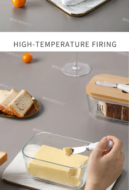 Transparent Glass Butter Dish with Bamboo Lid And Knife Ceramic Sealed Jar Cheese Preservation Refrigerator Simple Design