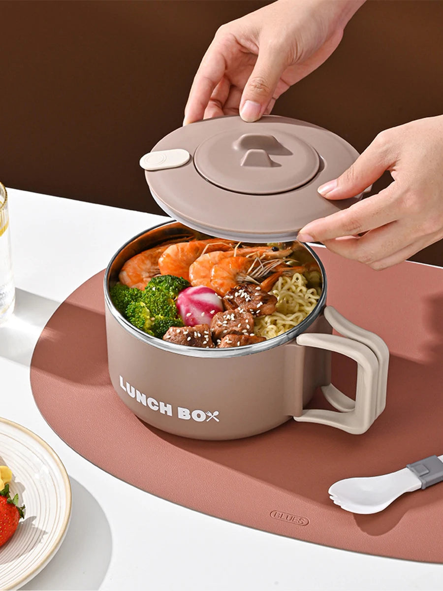 304 Stainless Steel Microwaveable Noodle Bowl – Lightweight Lunch Box with Drainable Lid & Handle