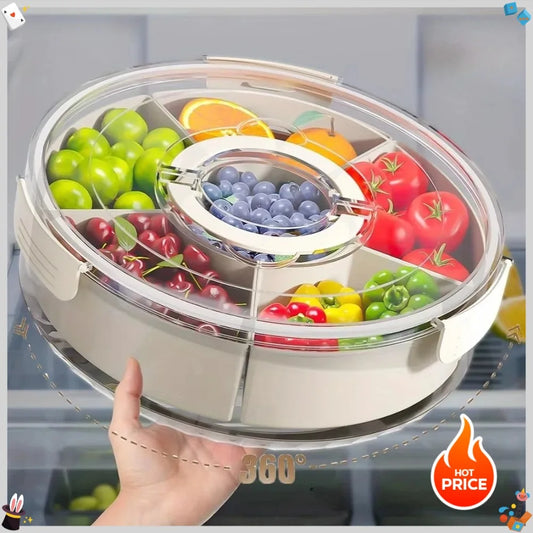 Rotatable Fruit & Snack Tray with Lid – Divided Food Storage Display Tray for Home & Living Room