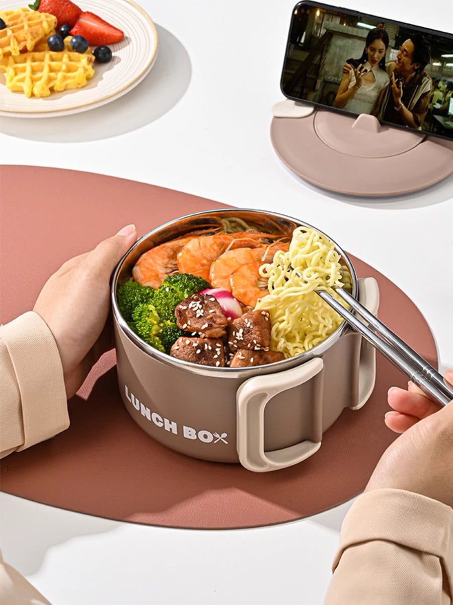 304 Stainless Steel Microwaveable Noodle Bowl – Lightweight Lunch Box with Drainable Lid & Handle