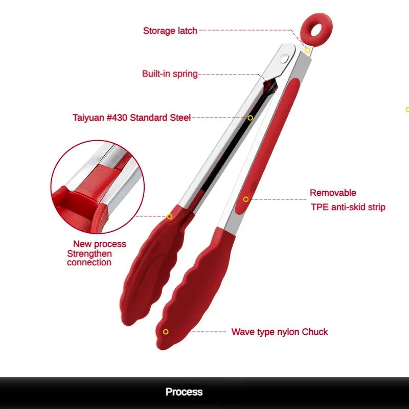 Anti-Slip Stainless Steel Cooking & Serving Tongs – Heat-Resistant Silicone Food Clip for Kitchen & BBQ