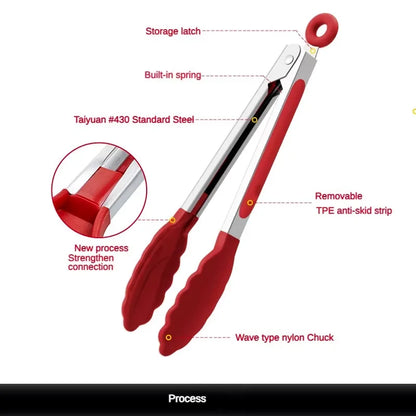 Anti-Slip Stainless Steel Cooking & Serving Tongs – Heat-Resistant Silicone Food Clip for Kitchen & BBQ