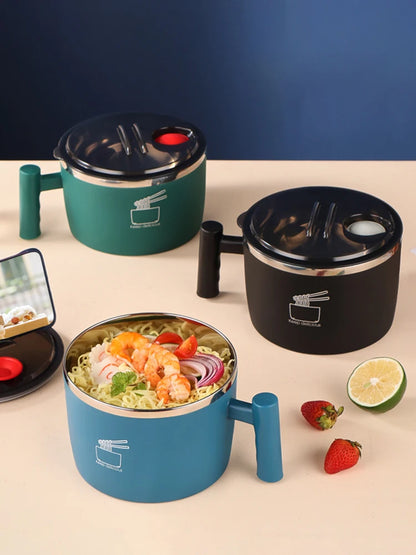 Stainless Steel Instant Noodle Bowl with Lid – 1000ml Portable Heat-Insulated Noodle & Soup Container with Side Handle