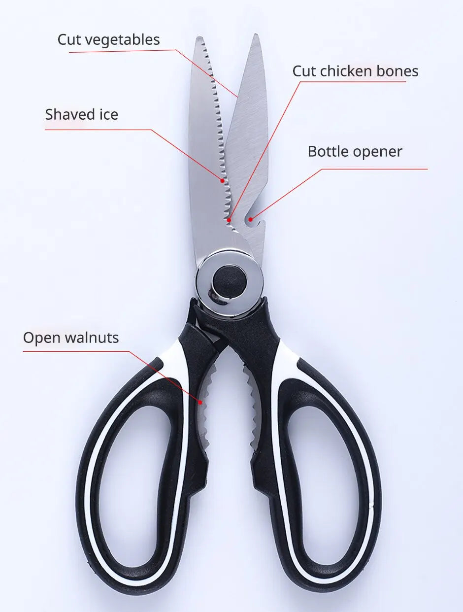 Stainless Steel Multifunctional Kitchen Scissors – Heavy-Duty Chicken Bone Shears with Bottle Opener, Nutcracker & Protective Cover