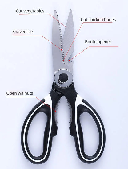 Stainless Steel Multifunctional Kitchen Scissors – Heavy-Duty Chicken Bone Shears with Bottle Opener, Nutcracker & Protective Cover