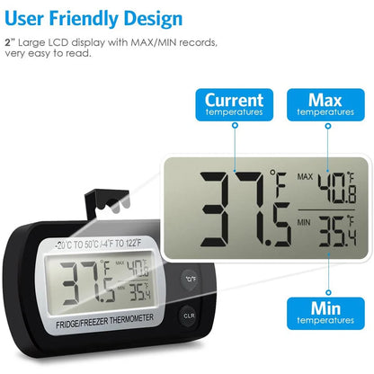 LCD Display Magnetic Hanging Refrigerator & Freezer Thermometer – Digital Temperature Meter for Fridge, Freezer & Kitchen Use
