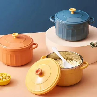 Double-Ear Stainless Steel Insulated Lunch Bowl – Portable Covered Noodle Pot for Students & Office Workers