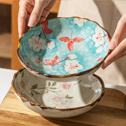 Hand-Painted Japanese Style Ceramic Noodle Bowl with Handle – Oven & Microwave Safe Bone China Tableware