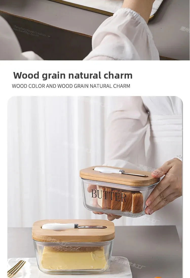 Transparent Glass Butter Dish with Bamboo Lid And Knife Ceramic Sealed Jar Cheese Preservation Refrigerator Simple Design